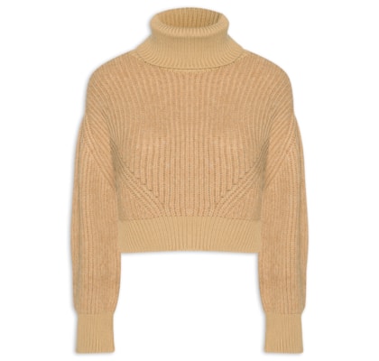 Blusão Feminino De Tricot Pull Mix Fio Com Maxi Gola - Marrom