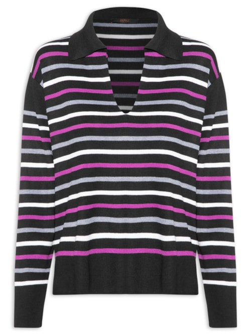 Blusão Feminino Pull De Tricot Listrado Decote Polo - Preto