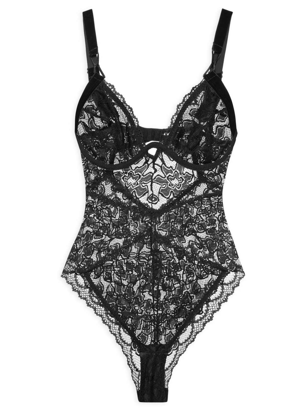 Body Com Aro Sem Bojo Em Renda E Veludo - Preto