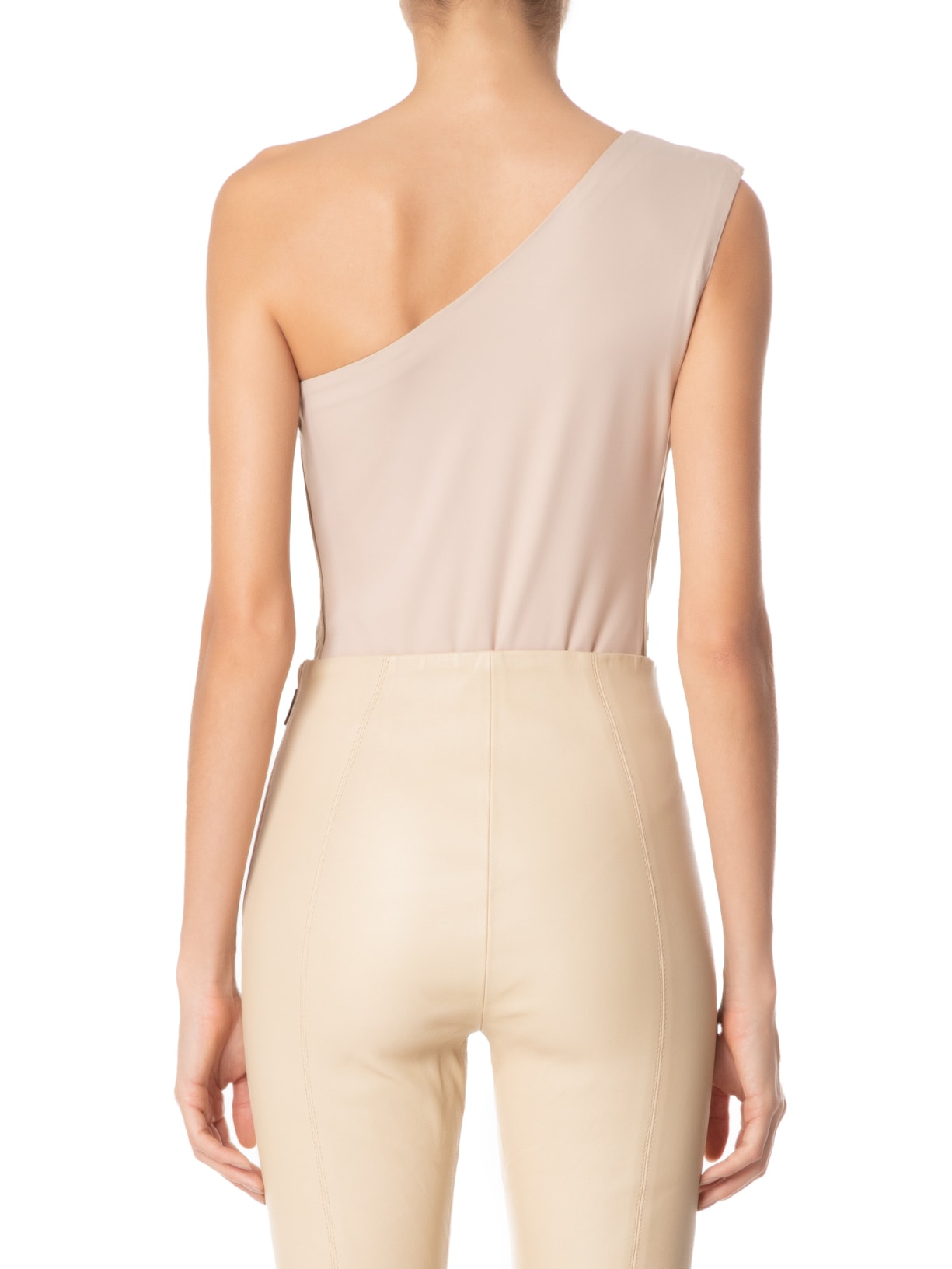 Body De Couro Com Malha Um Ombro Só Bege Animale