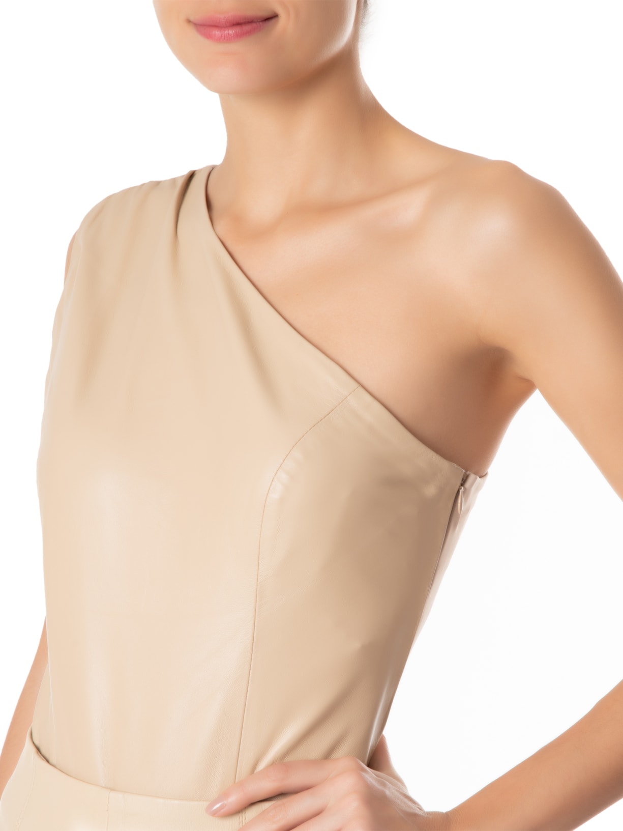 Body De Couro Com Malha Um Ombro Só Bege Animale