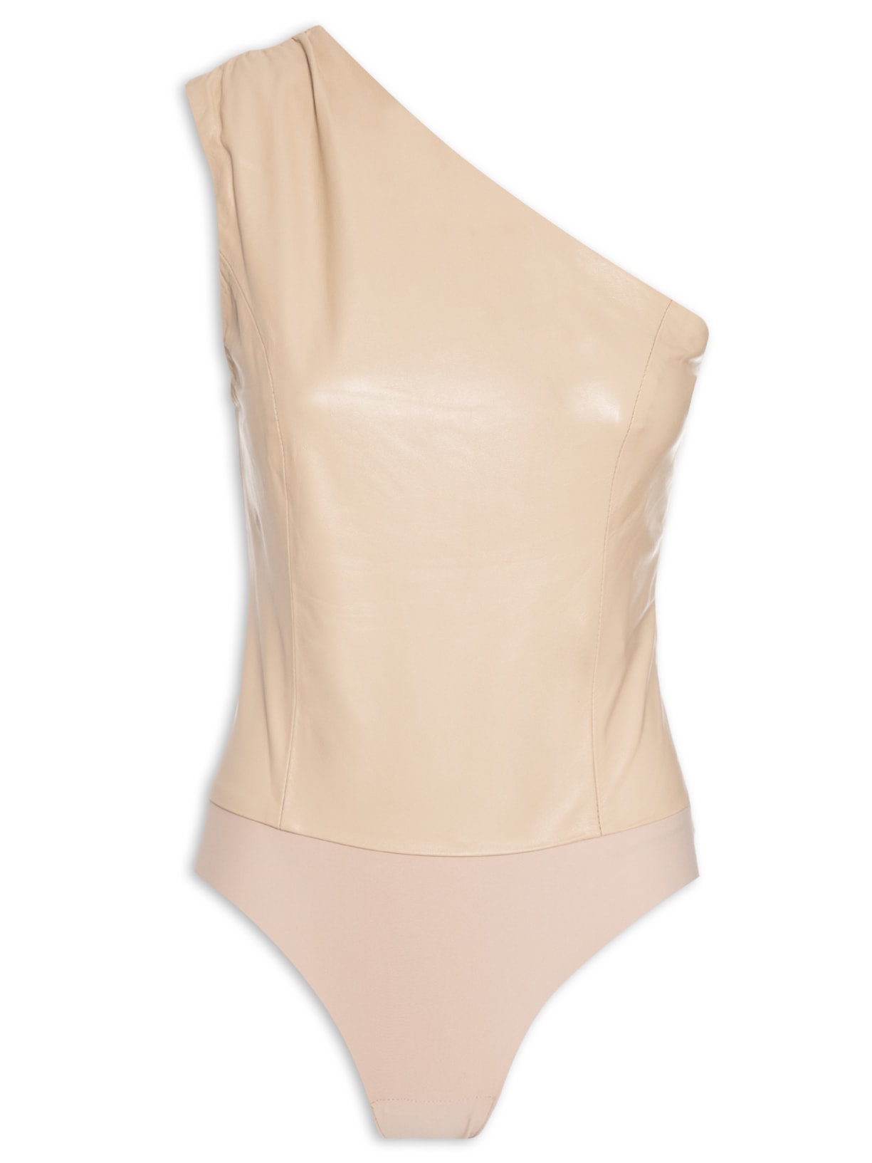 Body De Couro Com Malha Um Ombro Só Bege Animale