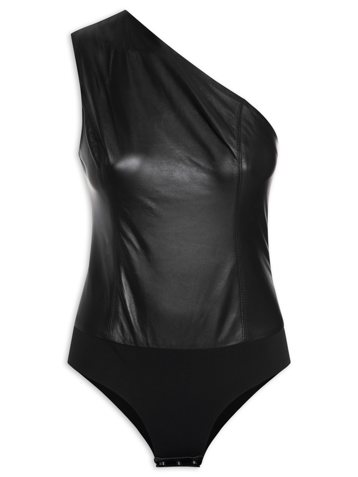 Body De Couro Com Malha Um Ombro Só - Preto