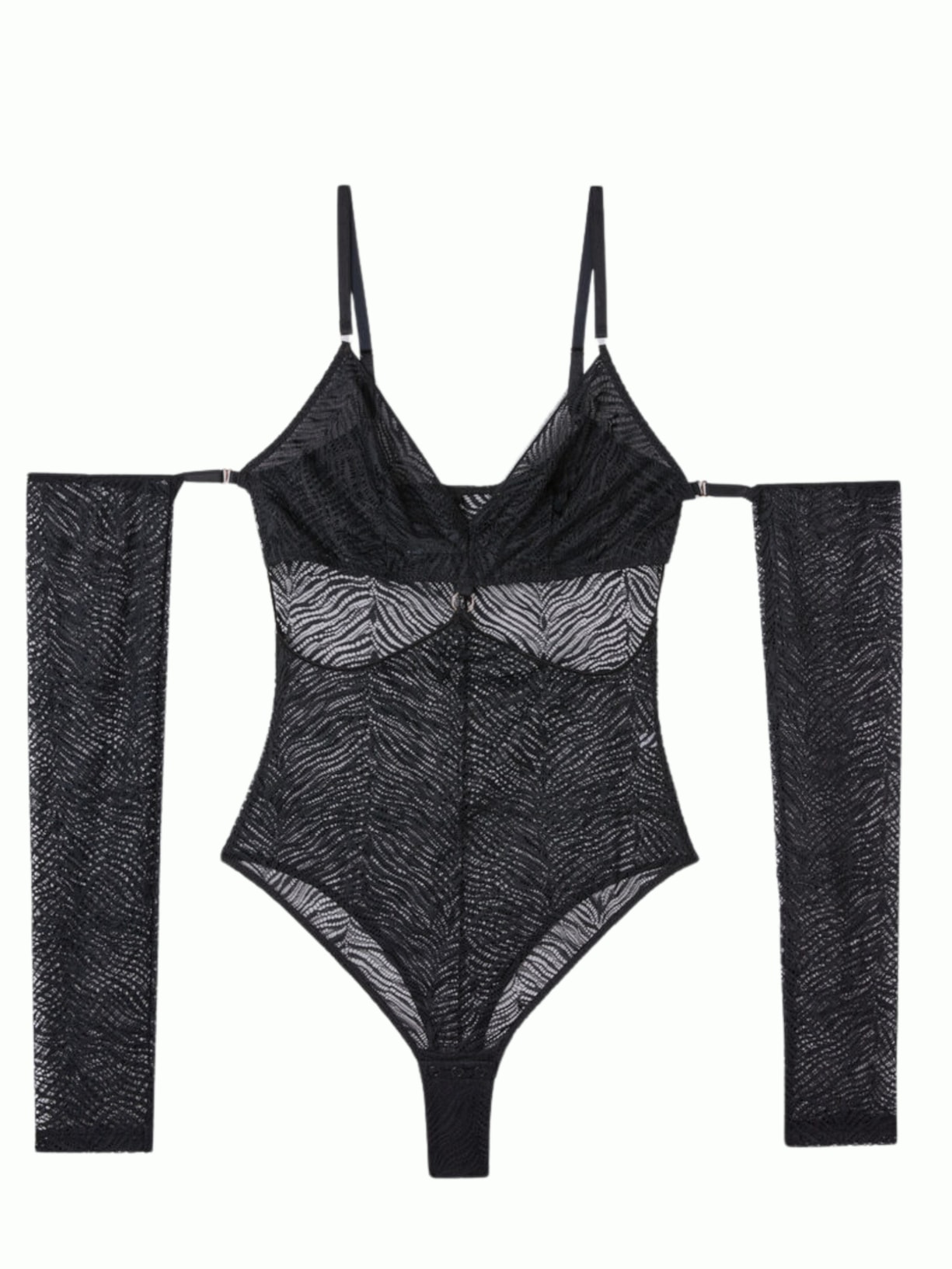 Body De Manga Comprida Em Renda Go Animalier - Preto