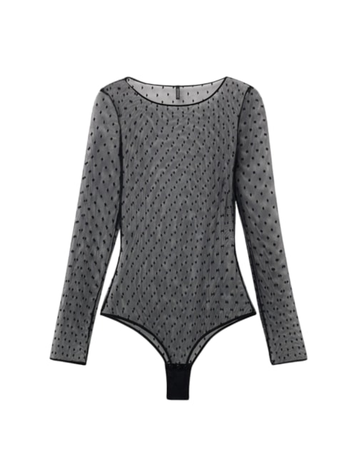 Body De Manga Comprida Em Tule Flirt Fearlessly - Preto