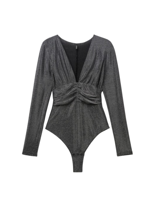 Body De Manga Comprida Lamê Shimmering Passion - Cinza