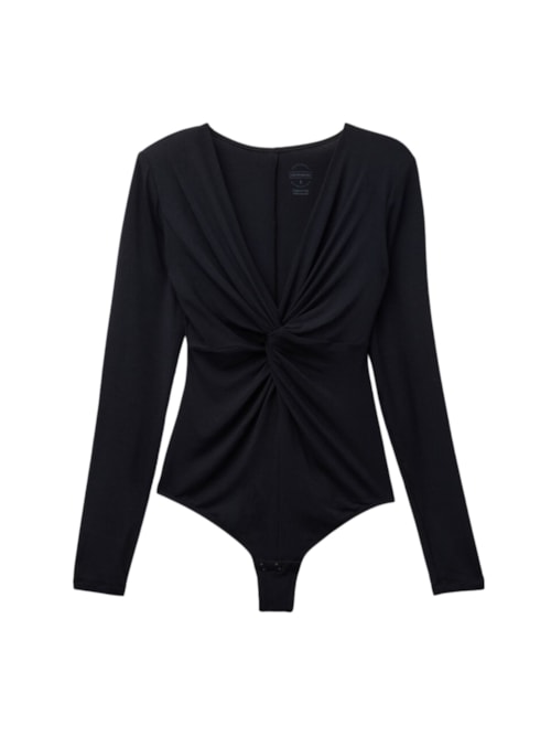 Body De Manga Comprida Sensual Attitude Em Modal - Preto