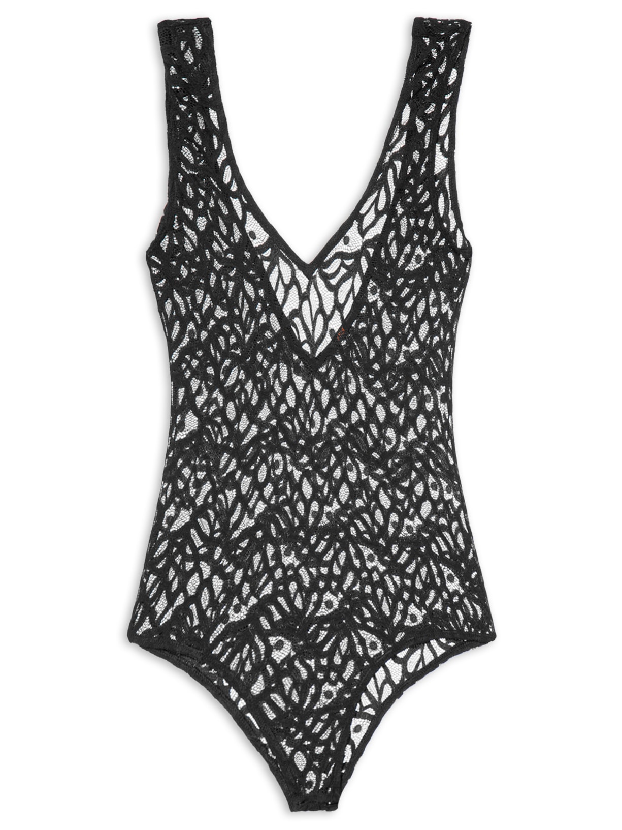 Body De Renda De Alça Com Decote V - Preto