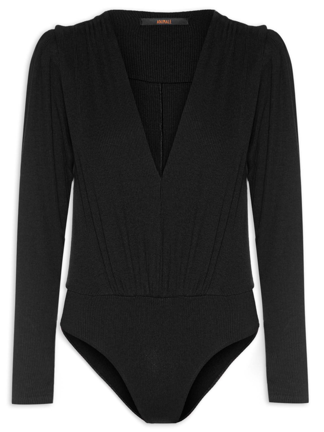 Body Decote V Manga Longa Ribana - Preto