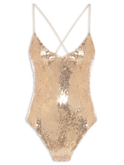 Body Feminino Com Decote Profundo Em Paetê - Dourado