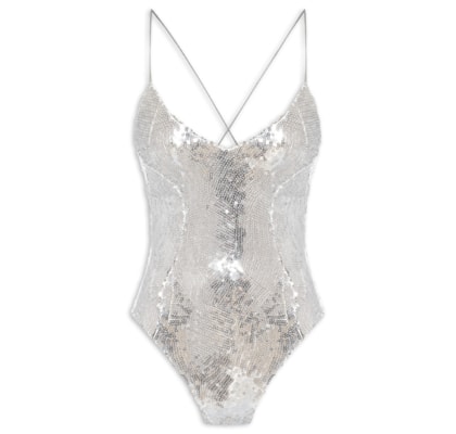 Body Feminino Com Decote Profundo Em Paetê - Prateado