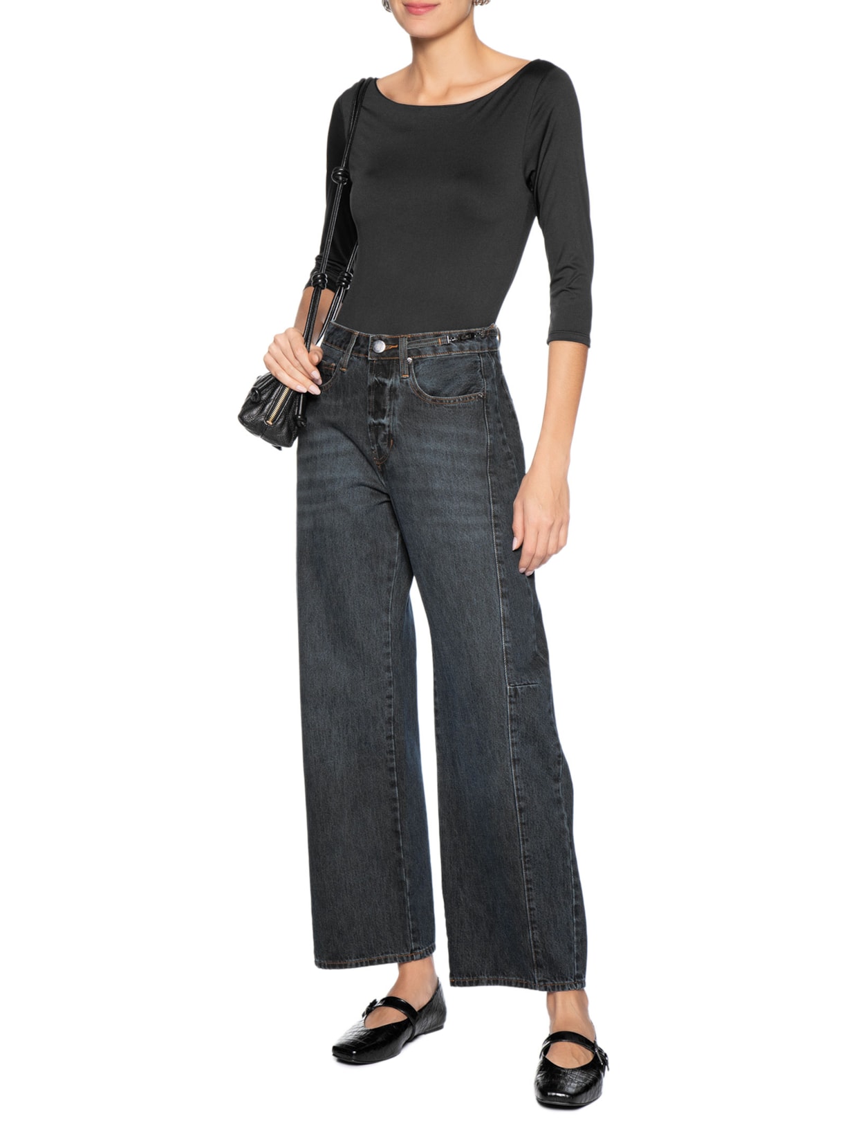 Body Feminino Decote Canoa Manga Três Quartos Preto Basiq