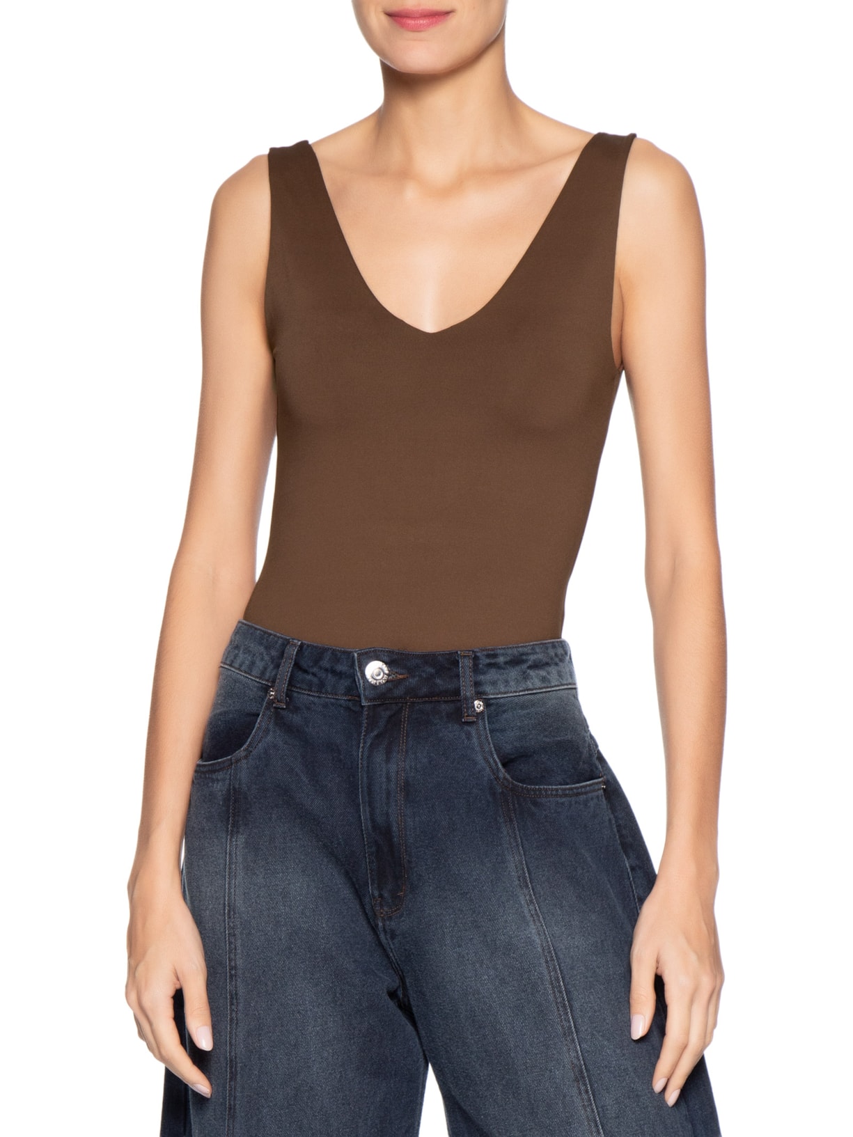 Body Feminino Decote em U Marrom Basiq