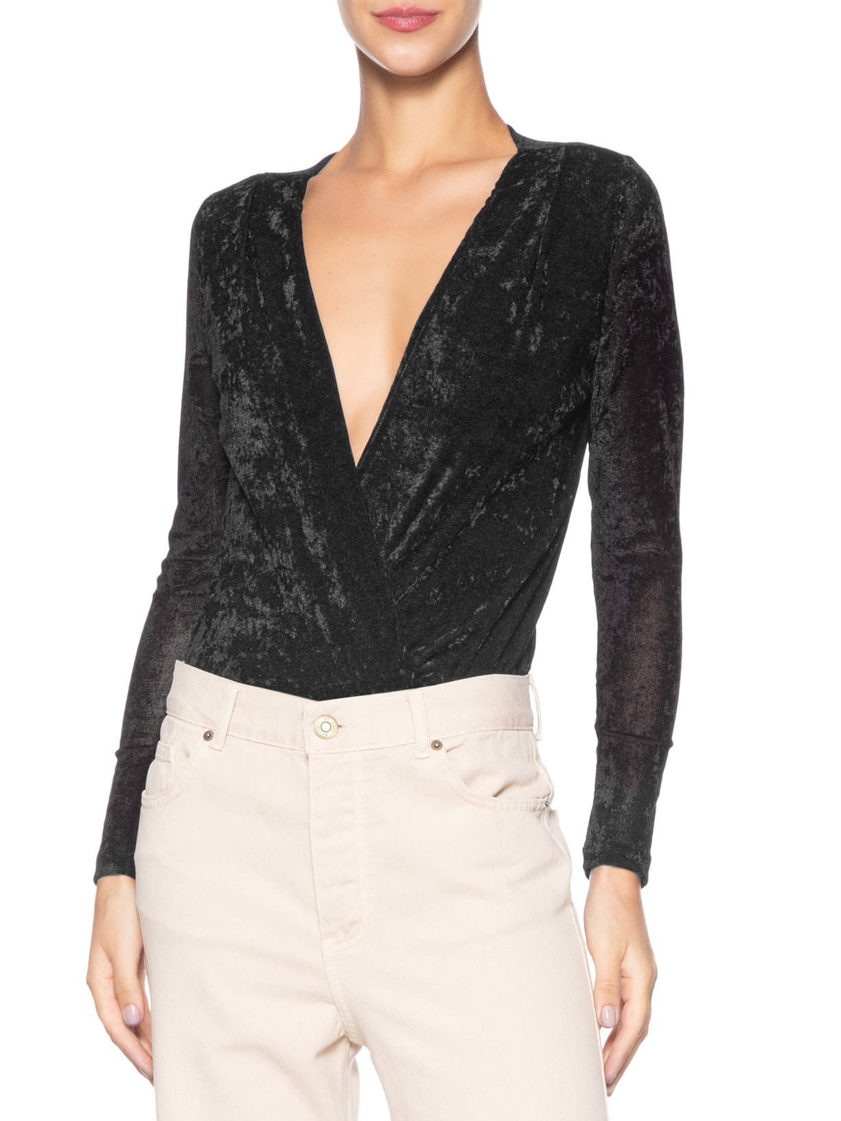 Body Feminino Decote V Tule Preto Maria Filó