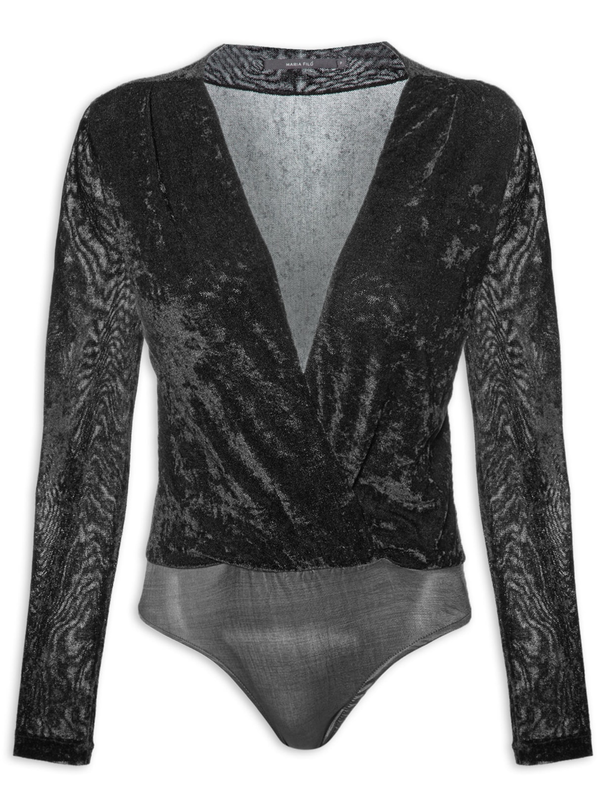 Body Feminino Decote V Tule Preto Maria Filó
