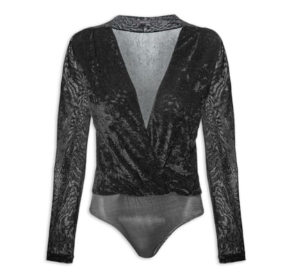 Body Feminino Decote V Tule - Preto