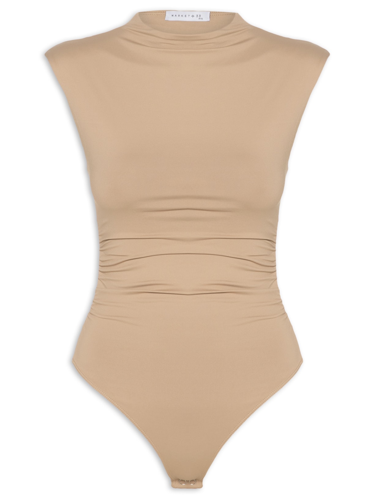 Body Feminino Em Malha Com Drapeados Laterais Bege Market 33