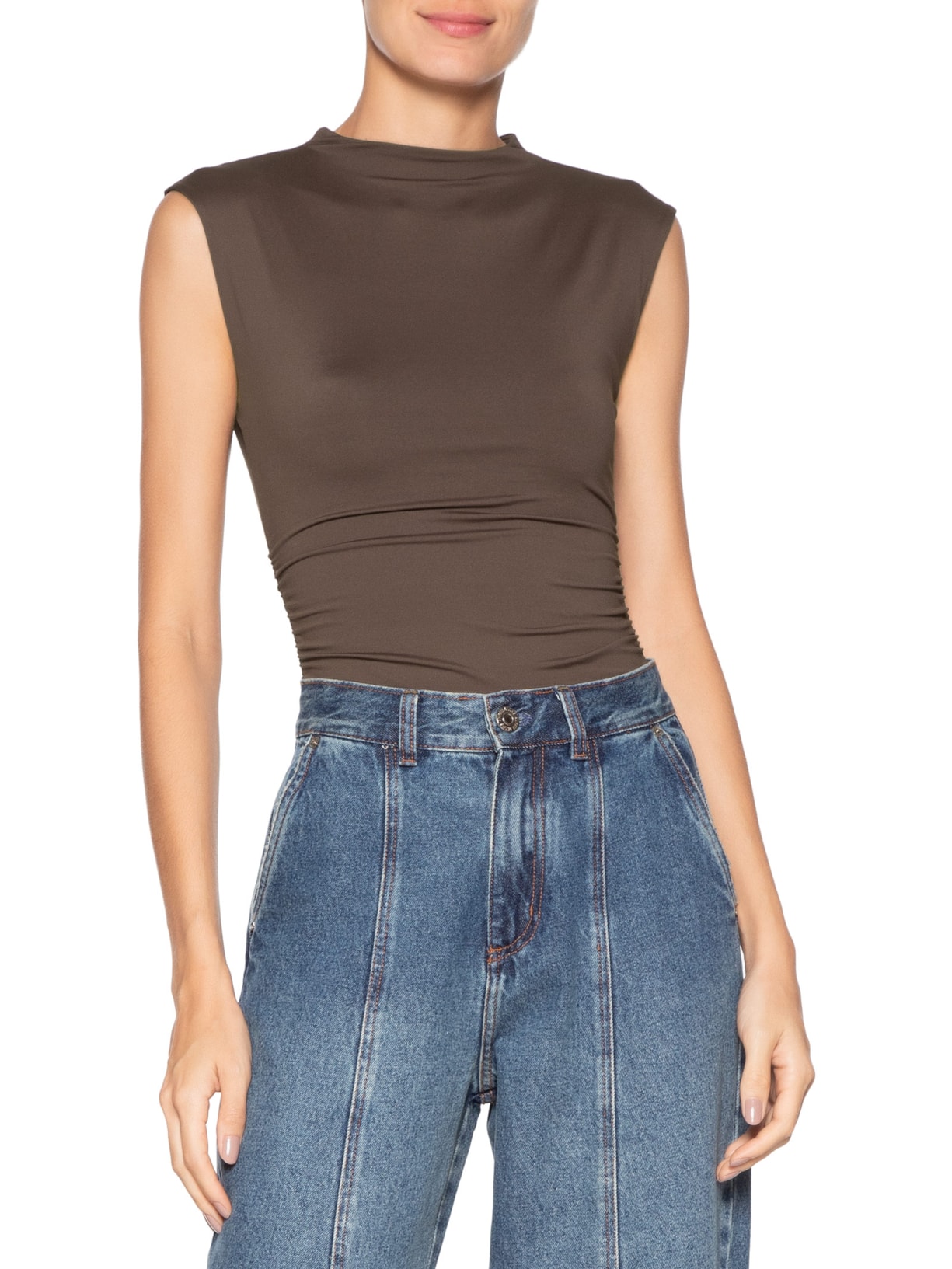 Body Feminino Em Malha Com Drapeados Laterais Marrom Market 33