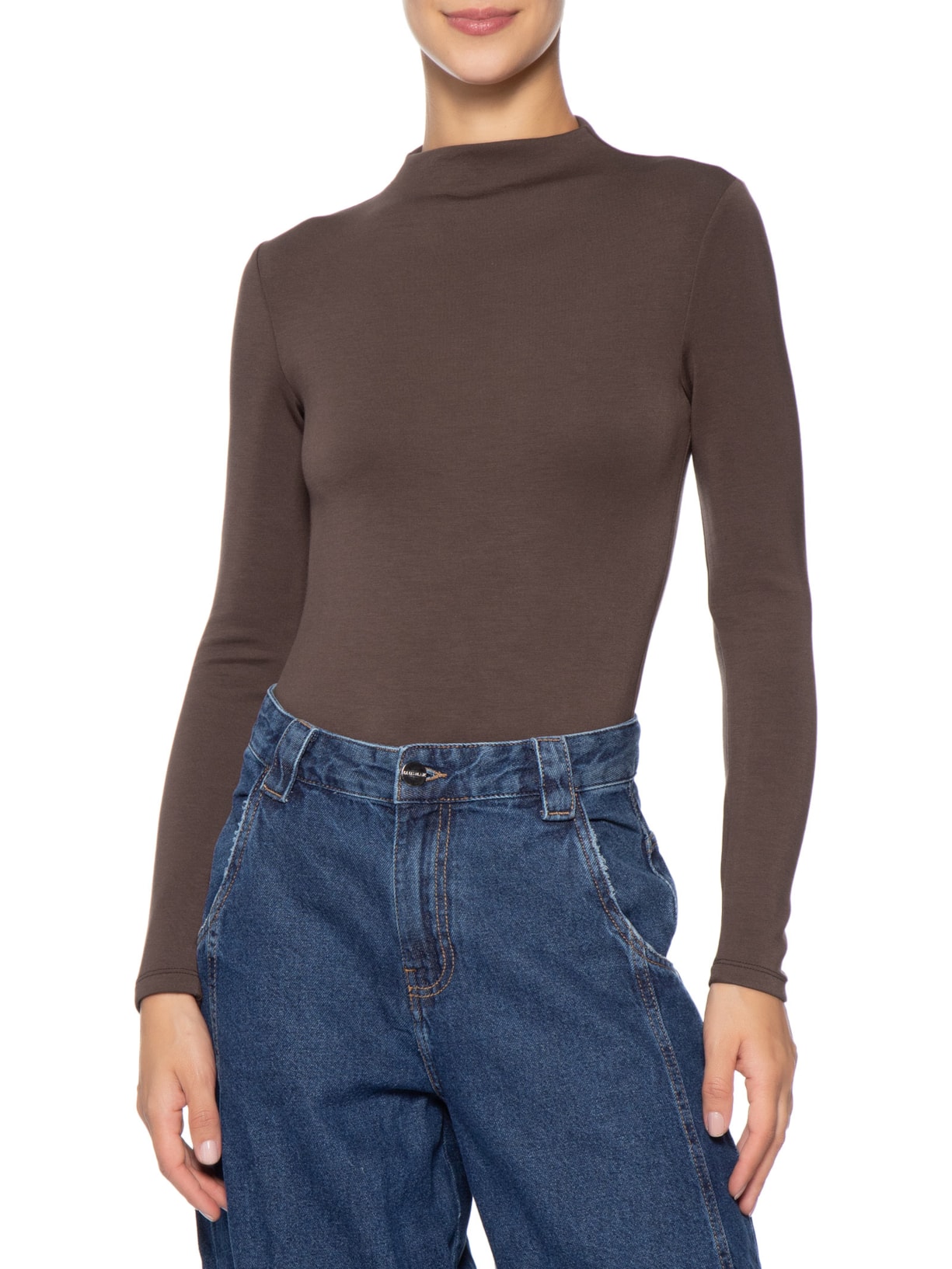 Body Feminino Gola Alta Manga Longa – Marrom Basiq