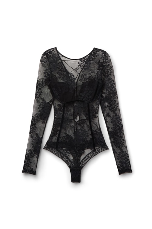 Body Manga Comprida Em Renda La Femme Fatale - Preto
