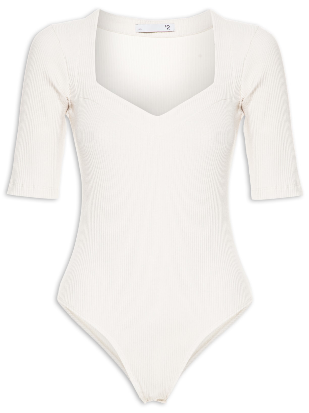 Body Manga Curta Em Malha Com Decote Coração - Bege