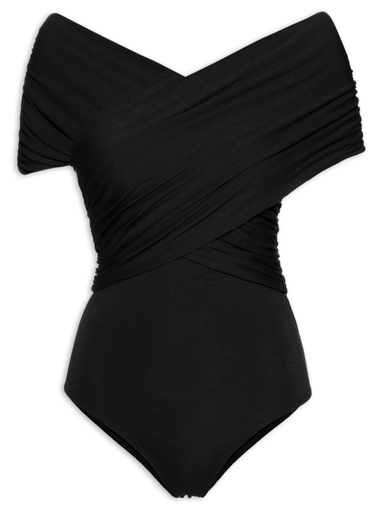 Body Manga Curta Em Malha Com Franzidos - Preto