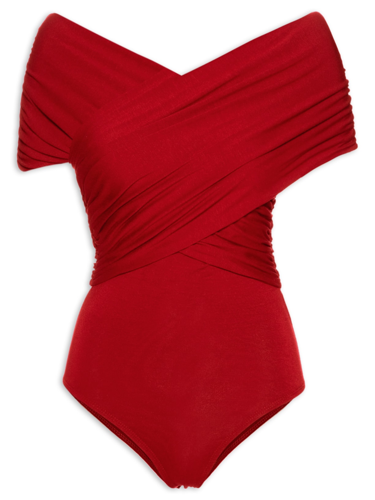 Body Manga Curta Em Malha Com Franzidos - Vermelho