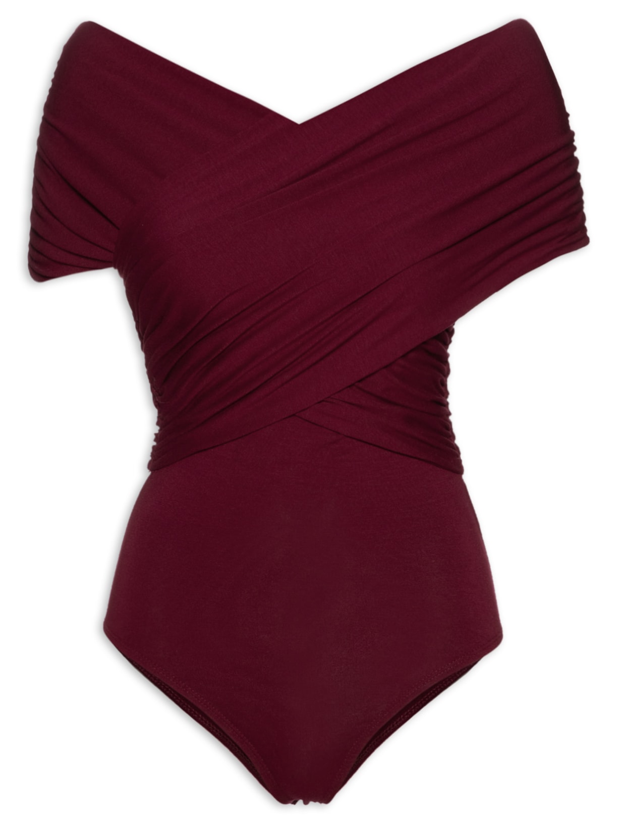 Body Manga Curta Em Malha Com Franzidos - Vinho