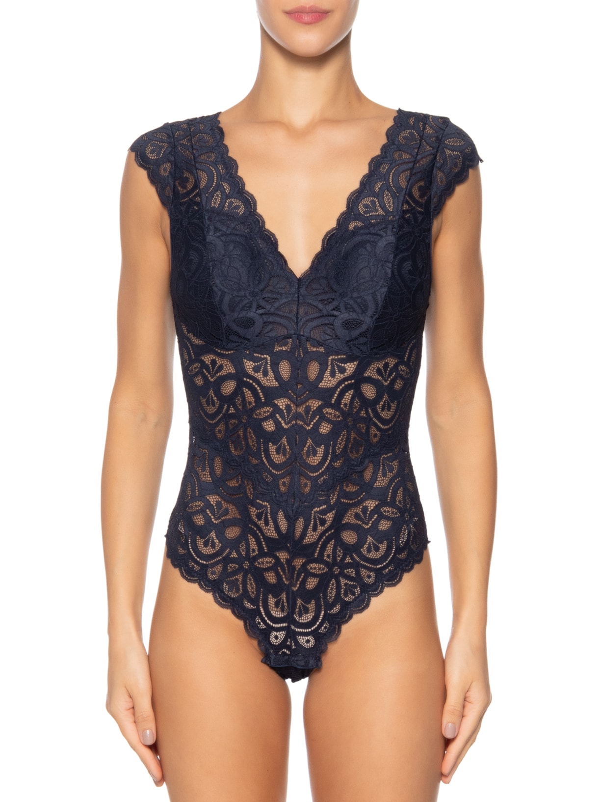 Body Manga Curta Em Renda Azul Hope