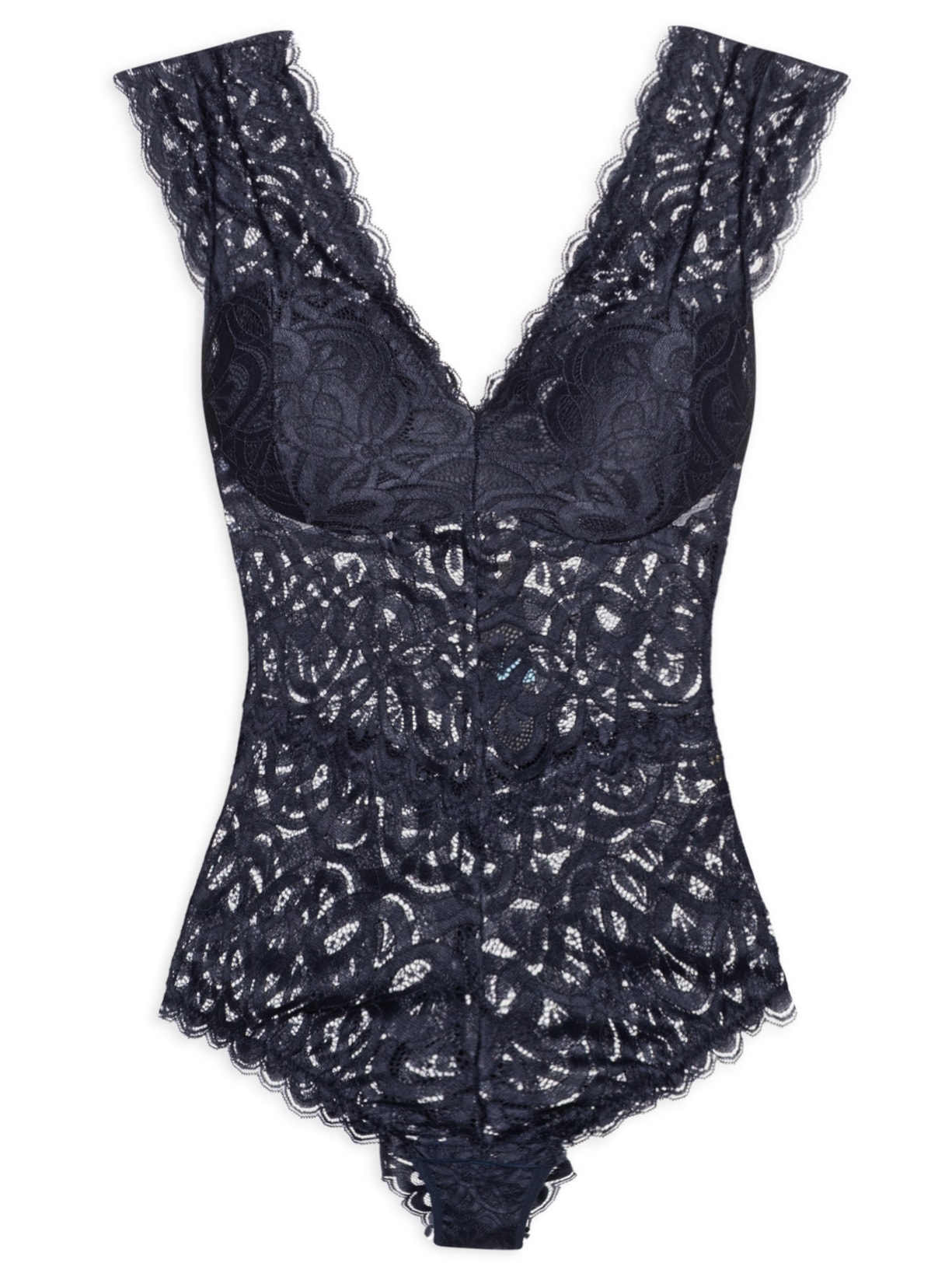 Body Manga Curta Em Renda - Azul