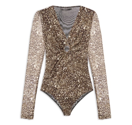 Body Manga Longa Tule Estampa Kira - Animal Print