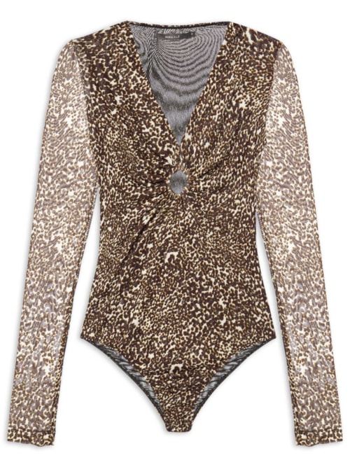 Body Manga Longa Tule Estampa Kira - Animal Print