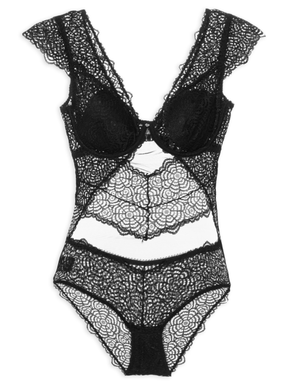 Body Mangas Curtas Com Bojo Removível Em Renda Preto Hope