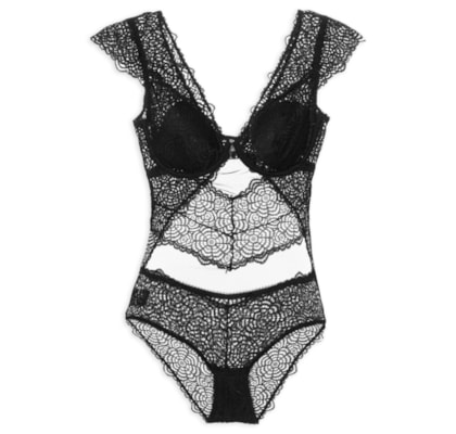 Body Mangas Curtas Com Bojo Removível Em Renda - Preto