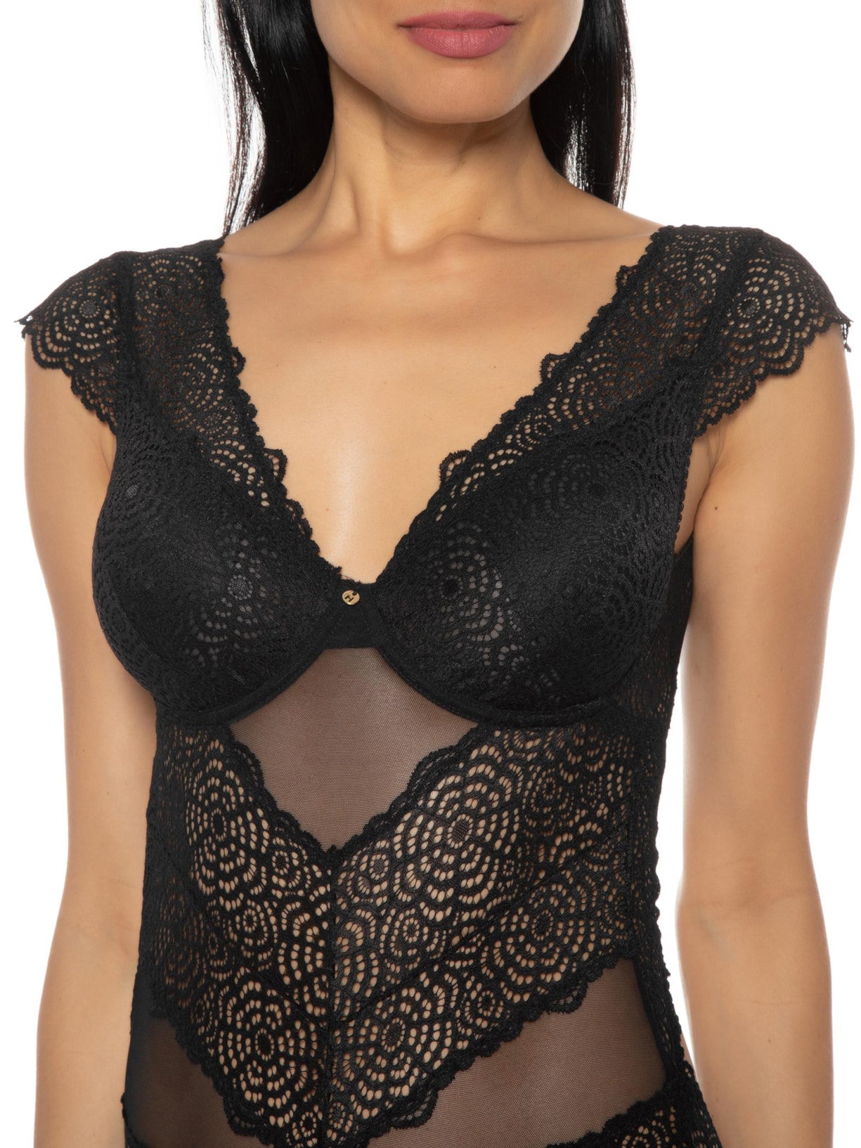 Body Mangas Curtas Com Bojo Removível Em Renda Preto Hope