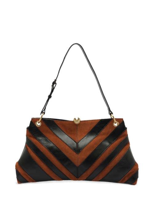 Bolsa de Ombro Grande Patchwork Chevron – Marrom