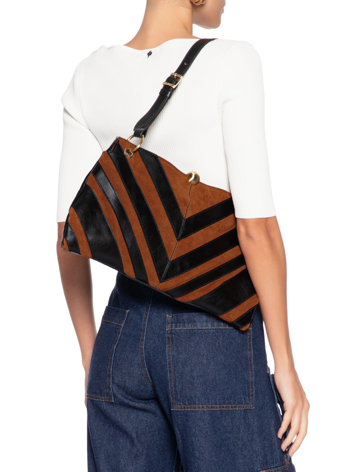 Bolsa de Ombro Grande Patchwork Chevron – Marrom Arezzo