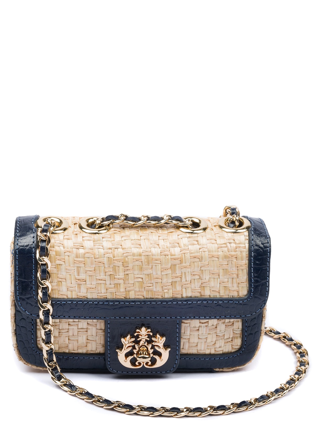 Bolsa Feminina Anne Em Palha Damier Couro Marinho - Bege