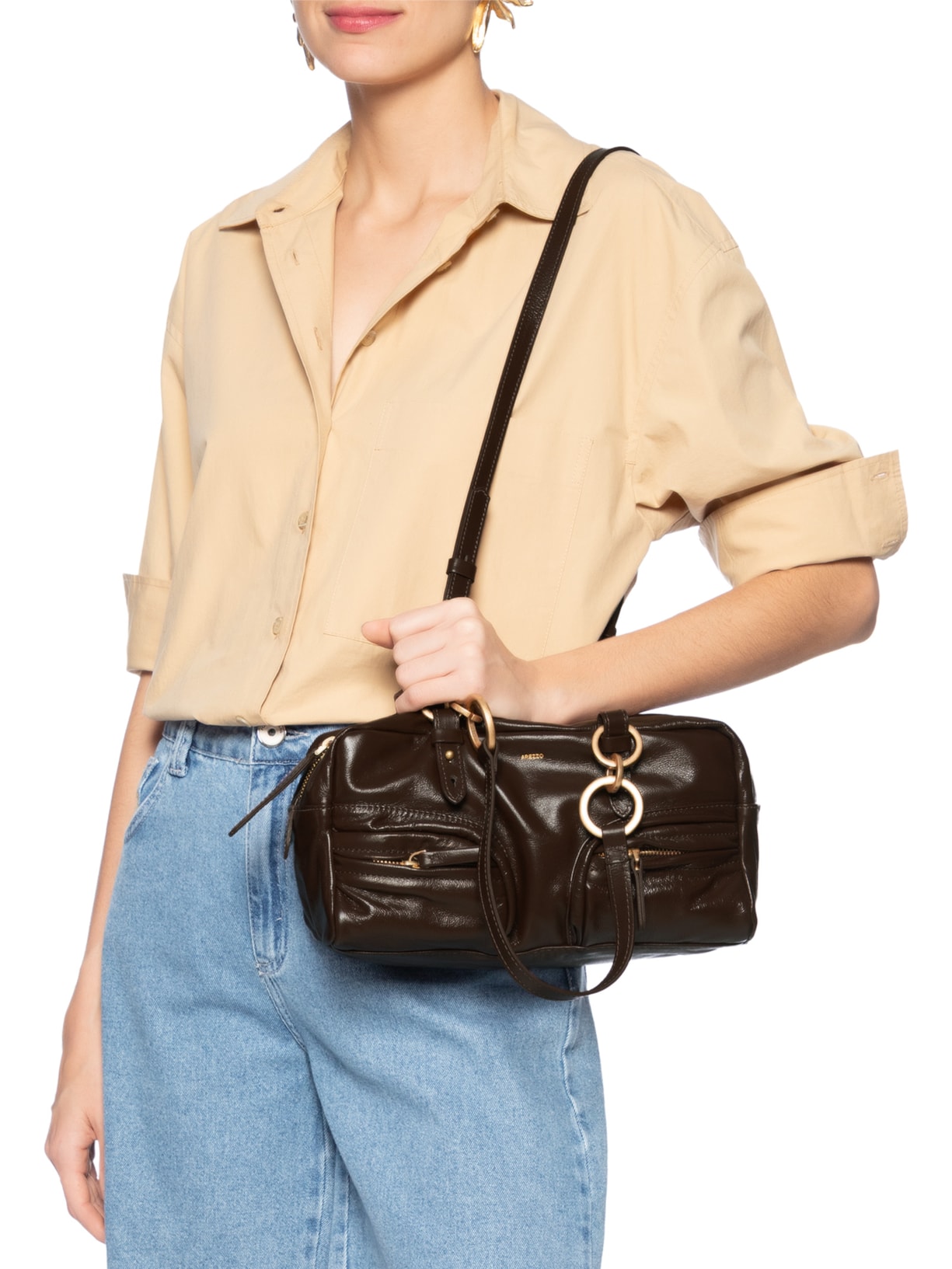 Bolsa Feminina Bowling Couro Verniz Média Bolsos Marrom Arezzo