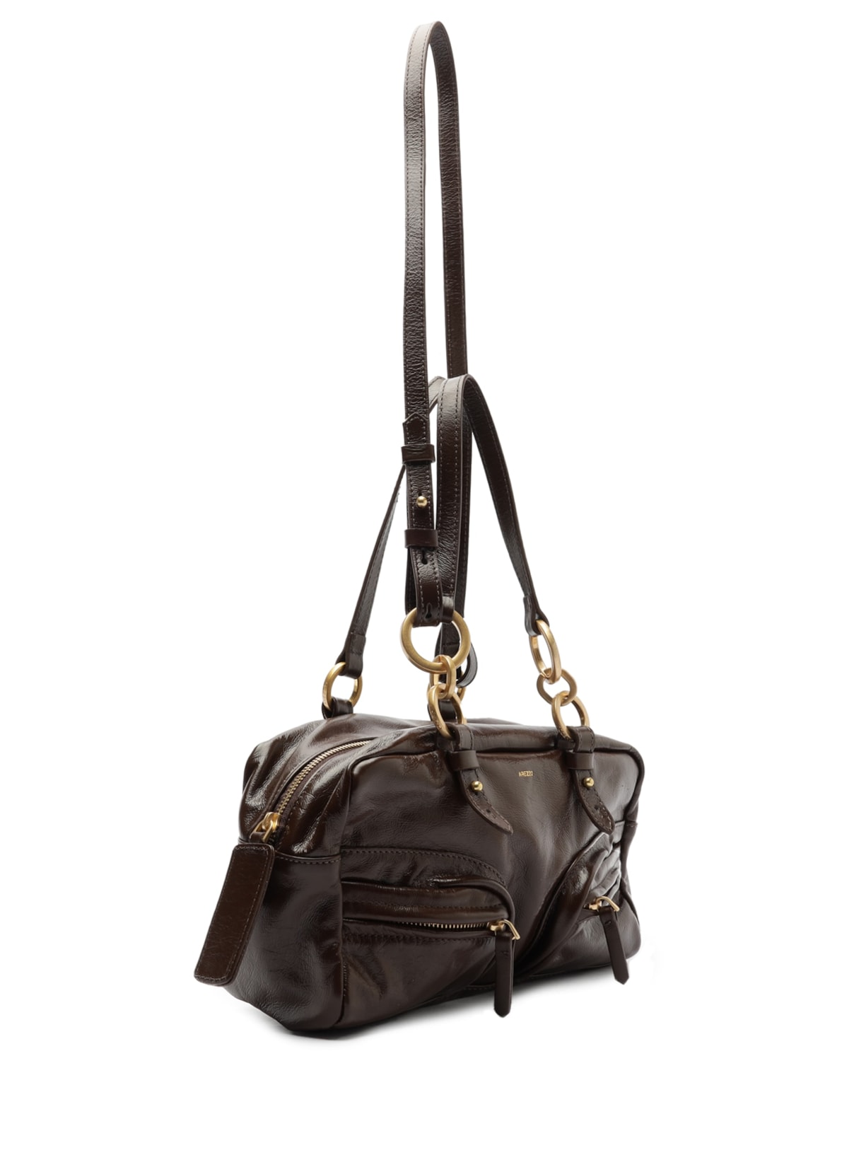 Bolsa Feminina Bowling Couro Verniz Média Bolsos Marrom Arezzo