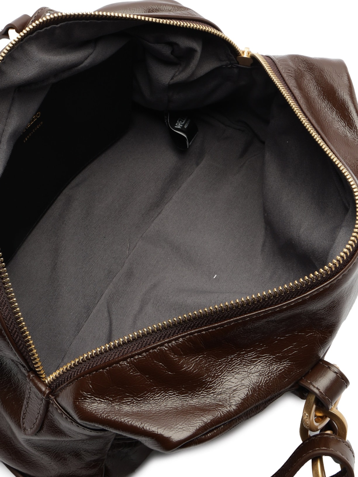 Bolsa Feminina Bowling Couro Verniz Média Bolsos Marrom Arezzo