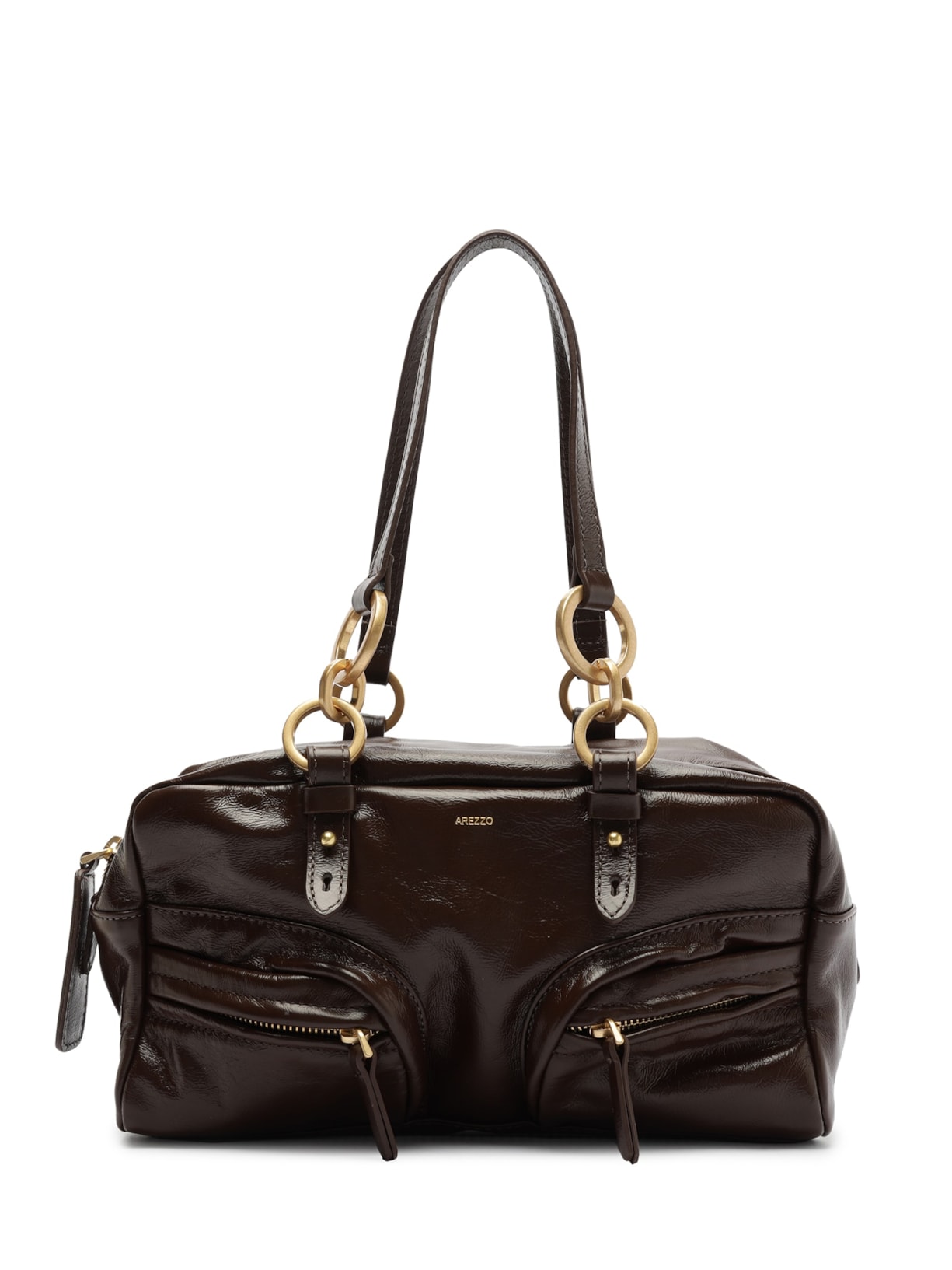 Bolsa Feminina Bowling Couro Verniz Média Bolsos - Marrom