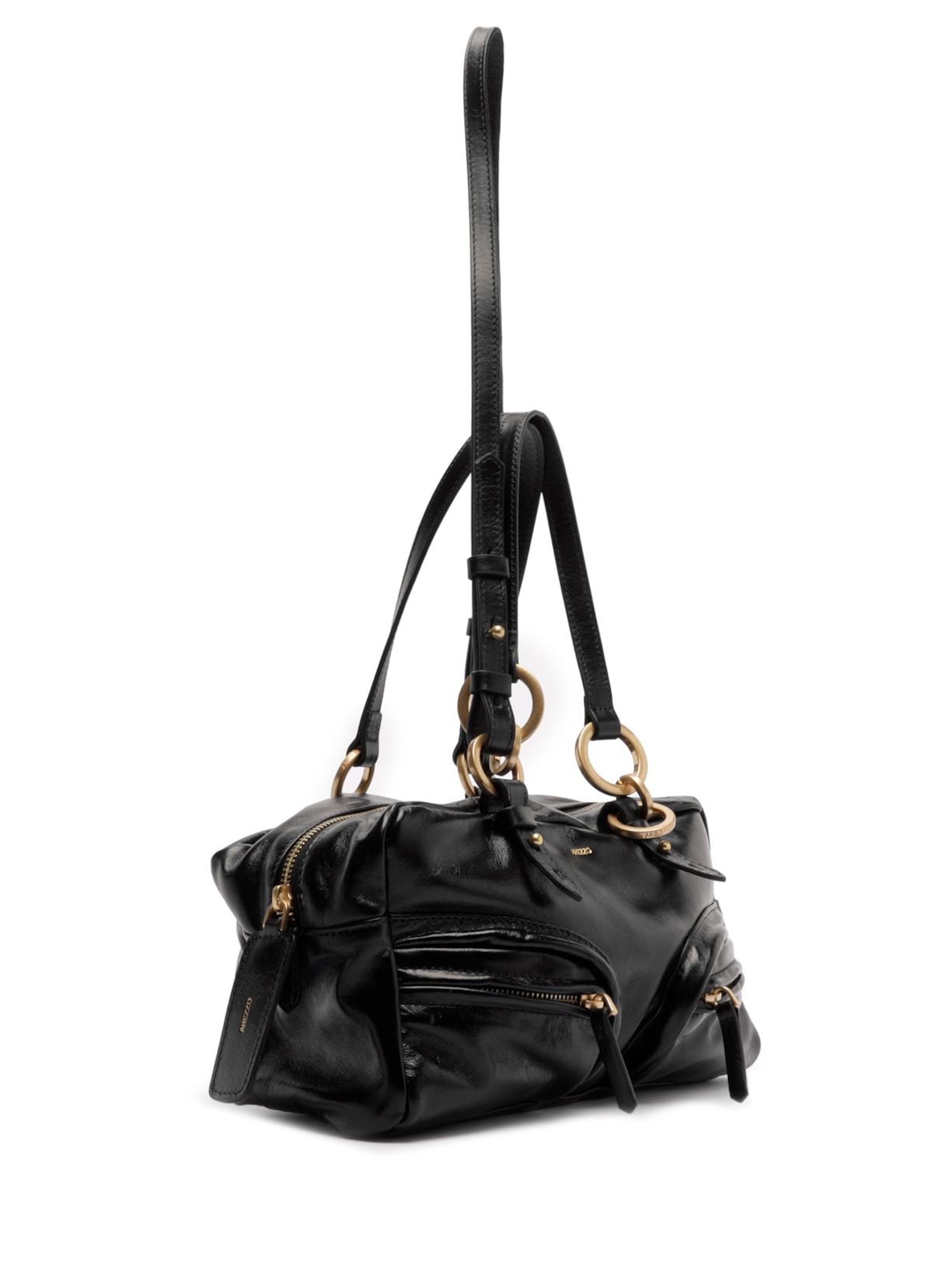 Bolsa Feminina Bowling Couro Verniz Média Bolsos Preto Arezzo