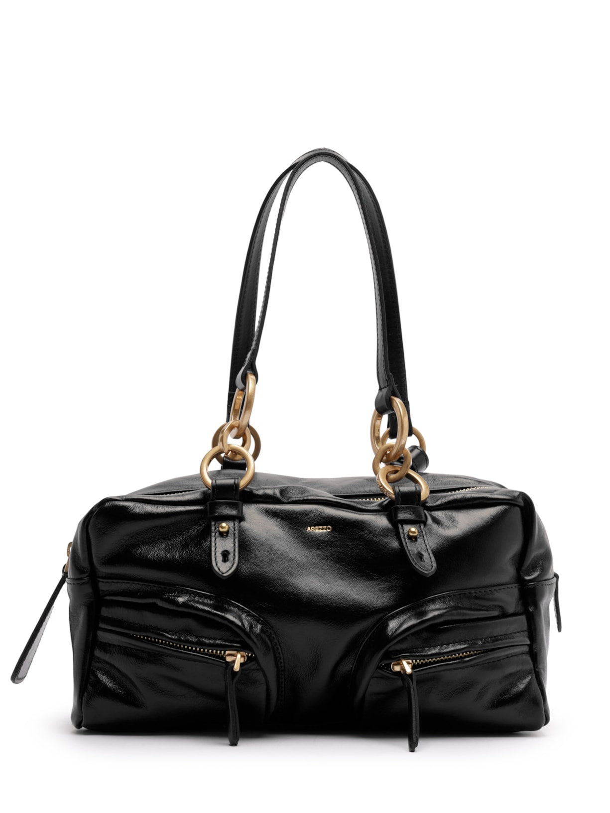 Bolsa Feminina Bowling Couro Verniz Média Bolsos - Preto