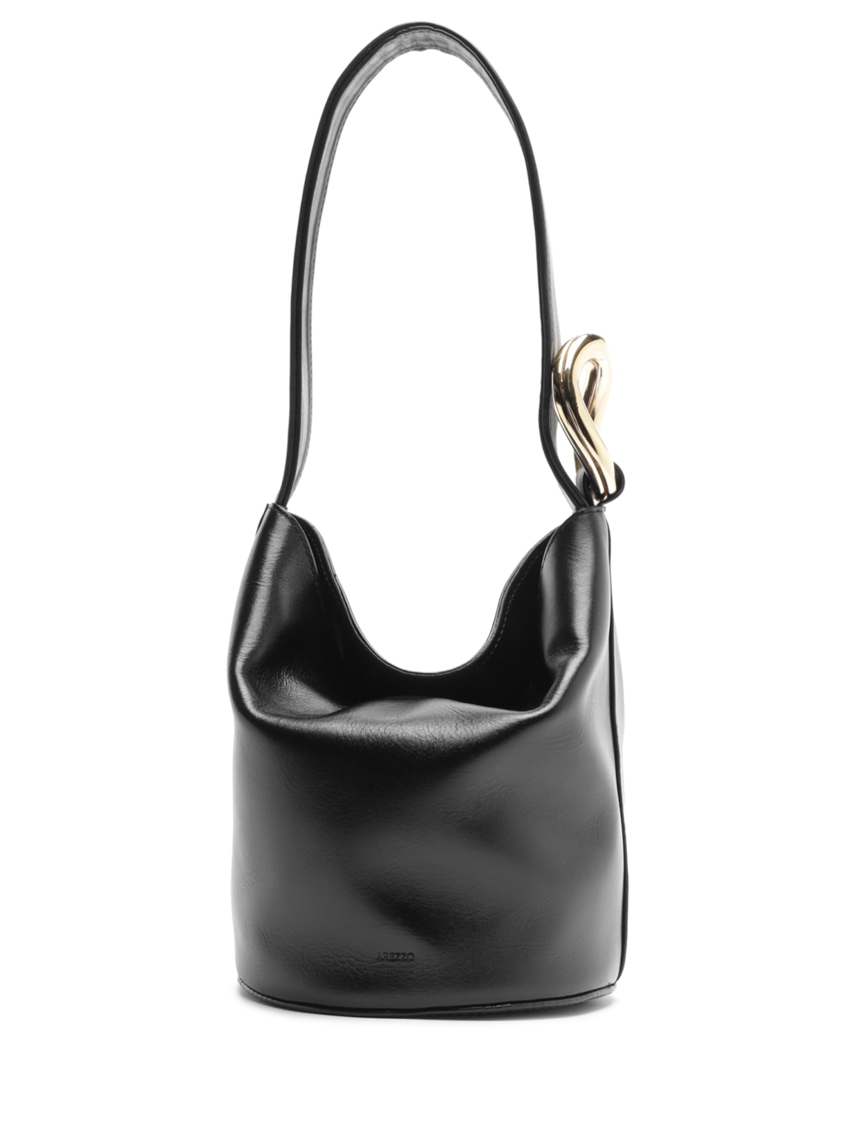 Bolsa Feminina Bucket Pequena Alça Larga Couro Metais Preto Arezzo