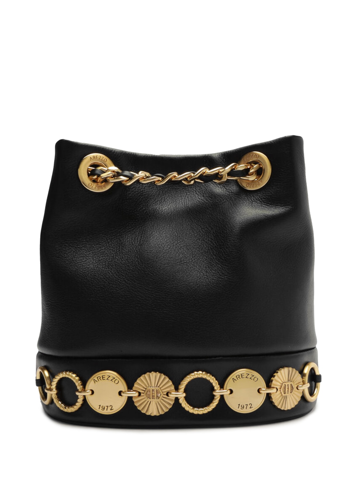 Bolsa Feminina Bucket Preta Couro Média Metais - Preto