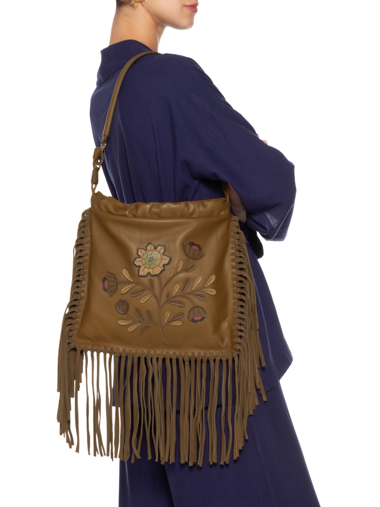 Bolsa Feminina De Ombro Kalispera Bordada E Franjas Marrom Etro