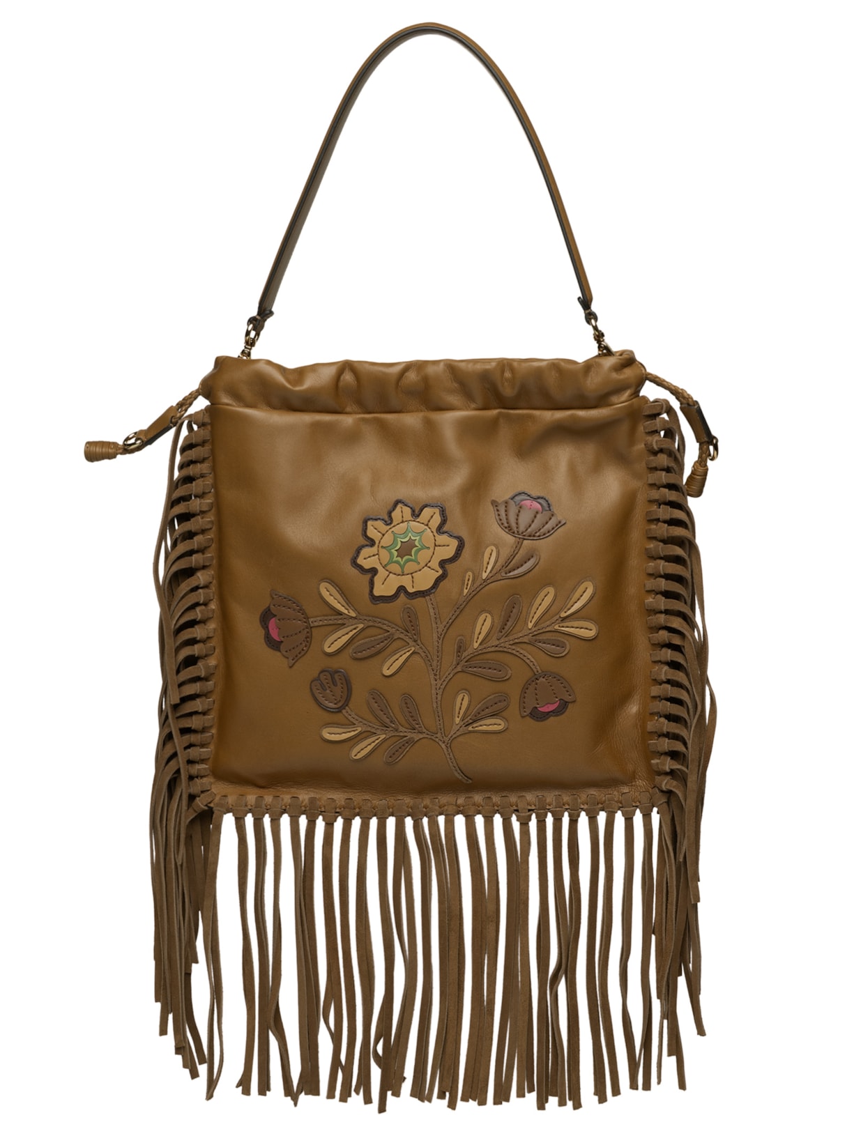 Bolsa Feminina De Ombro Kalispera Bordada E Franjas - Marrom