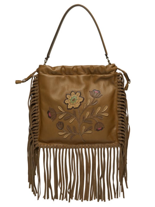 Bolsa Feminina De Ombro Kalispera Bordada E Franjas - Marrom