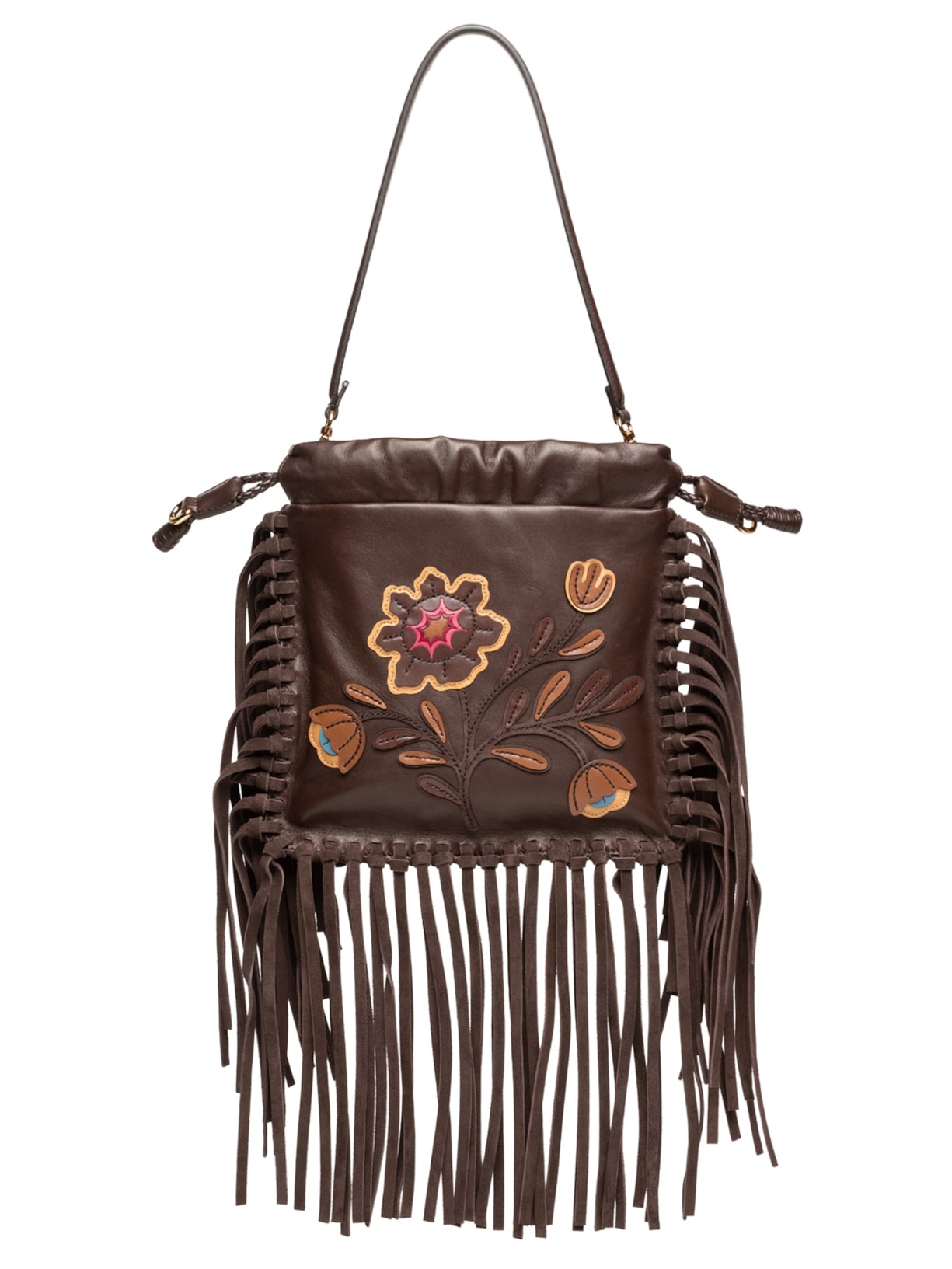 Bolsa Feminina De Ombro Kalispera Bordada E Franjas - Marrom